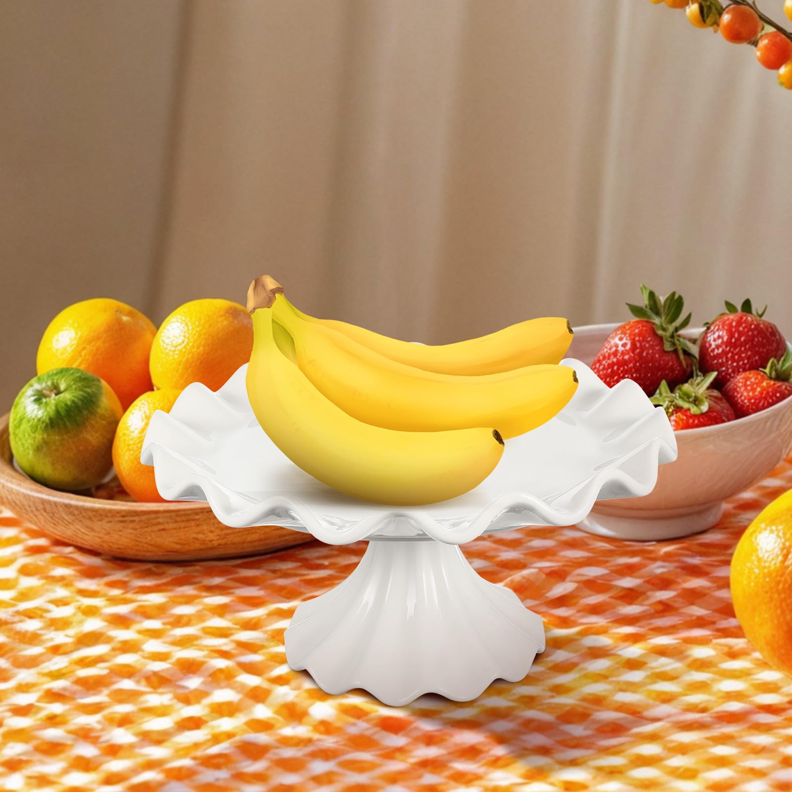 Veemoon Soporte de Cerámica para Tartas Vintage Pedestal de 24 Cm, Plato de Postre Borde Ondulado y Base Estable, Adecuado para Exhibición de Cupcakes y Eventos como Bodas y Cumpleaños