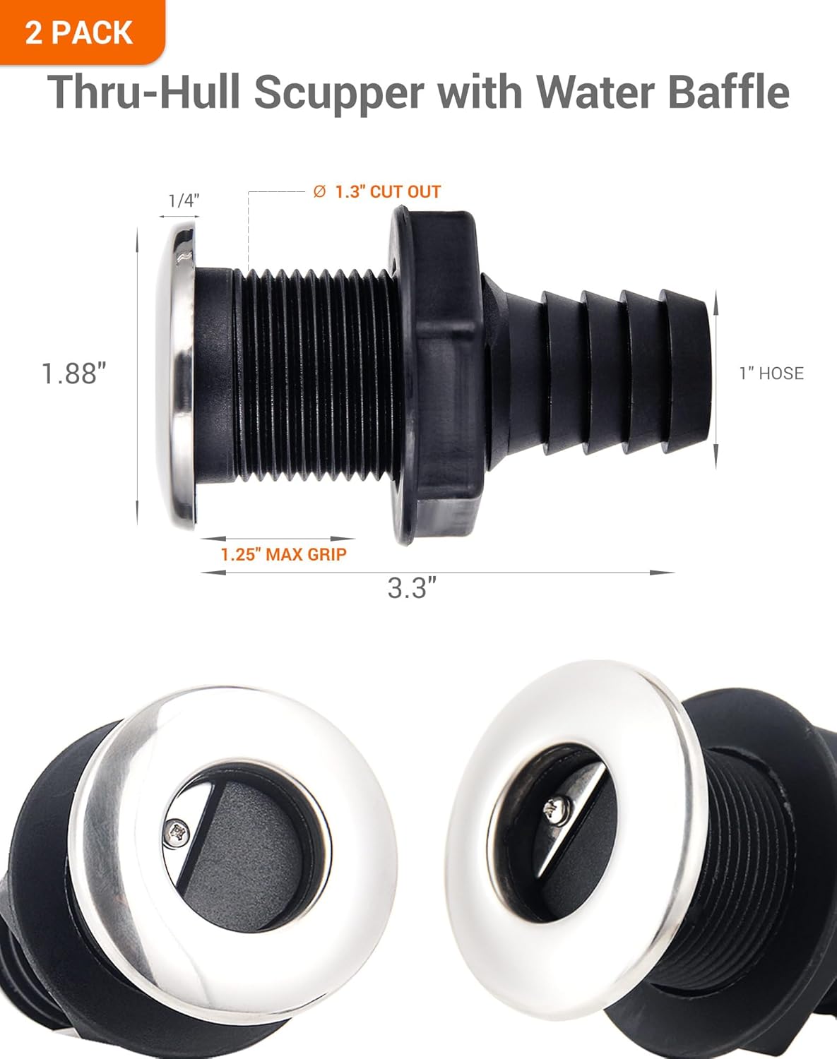 Boat Scupper Drain with Flapper – Thru Hull Self-Bailing Valve, Anti-Backflow Design,316 Stainless Trim, Easy Install for Boats & Yachts.1-1/2"、1" or 1-1/2" Big Size.