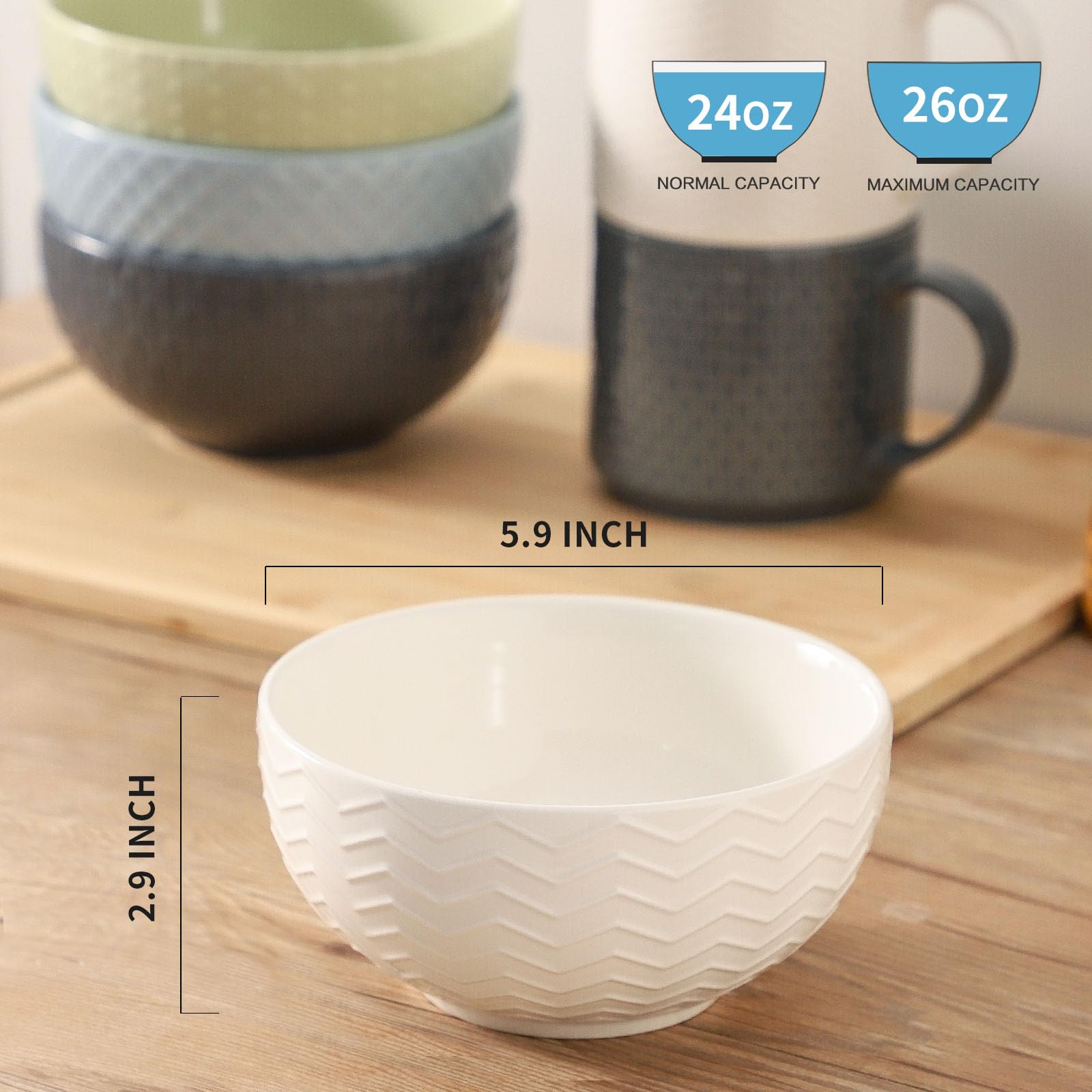 Hasense Juego de 4 cuencos de cerámica de 26 onzas para cocina, cuencos de porcelana en relieve para sopa, cereales, avena, fruta, ensalada, fideos y arroz, aptos para microondas y lavavajillas,