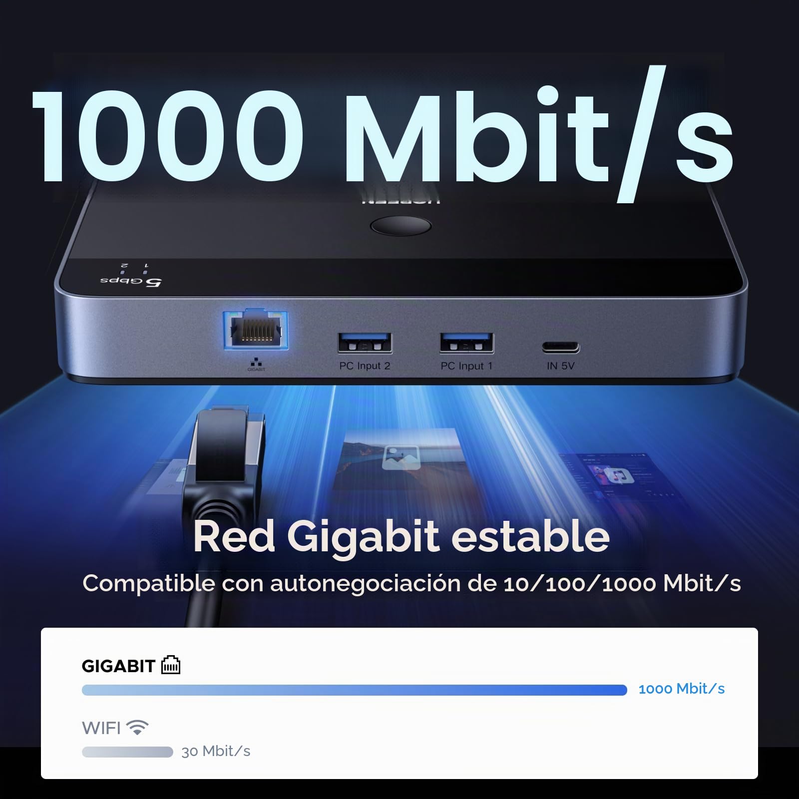 UGREEN Switch USB 3.0 Conmutador USB 2 Entradas y 4 Salidas | con Puerto Gigabit Ethernet RJ45, Mando a Distancia, para Ratón, Teclado, Compatible con Windows macOS Linux