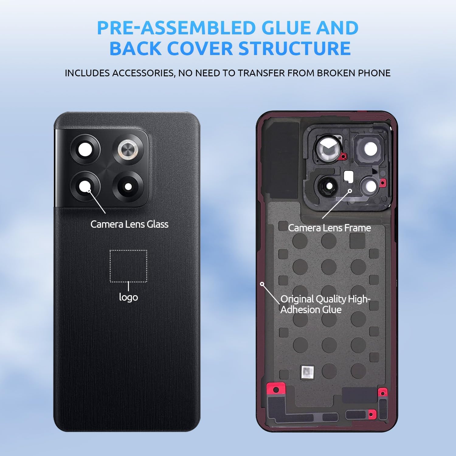 Back Glass Replacement for OnePlus 10T Back Cover Rear Housing with Camera Lens + Repair Tool Kit Genuine Rear Glass (Black)
