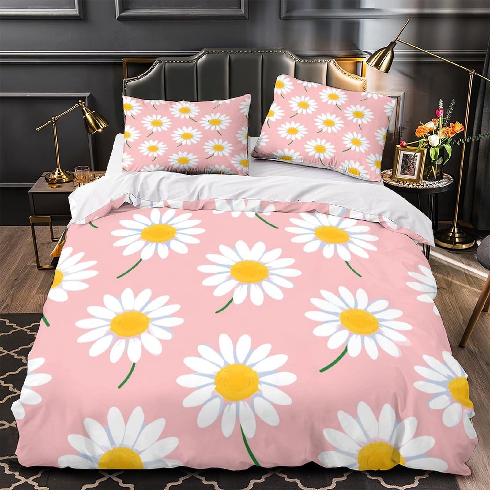 Drap de couette marguerite 3D 220x240 cm avec taies d'oreiller motif floral