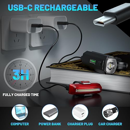 Miniatura 5 de Bike Lights for Night Riding, Bicycle Light Front Headlight and Back Taillight with 4+5 Light Modes, USB Rechargeable Bright Bike Headlights for