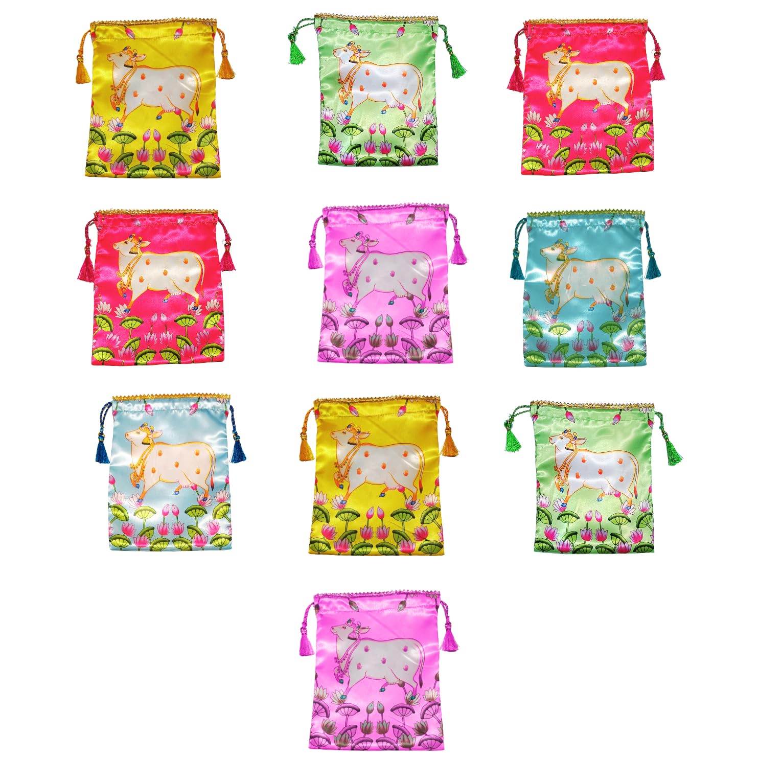 Pack of 10 Gomatha Design Fabric Potli Bags - Womens Silk Drawstring Closure Gift Pouches - For Return Gifting - Potli Bags for Thamboolam - Fabric Potli Batwa Bag Bridal Purse (Multi-Color) (B0DF5KX4PW) Amazon Price History, Amazon Price Tracker
