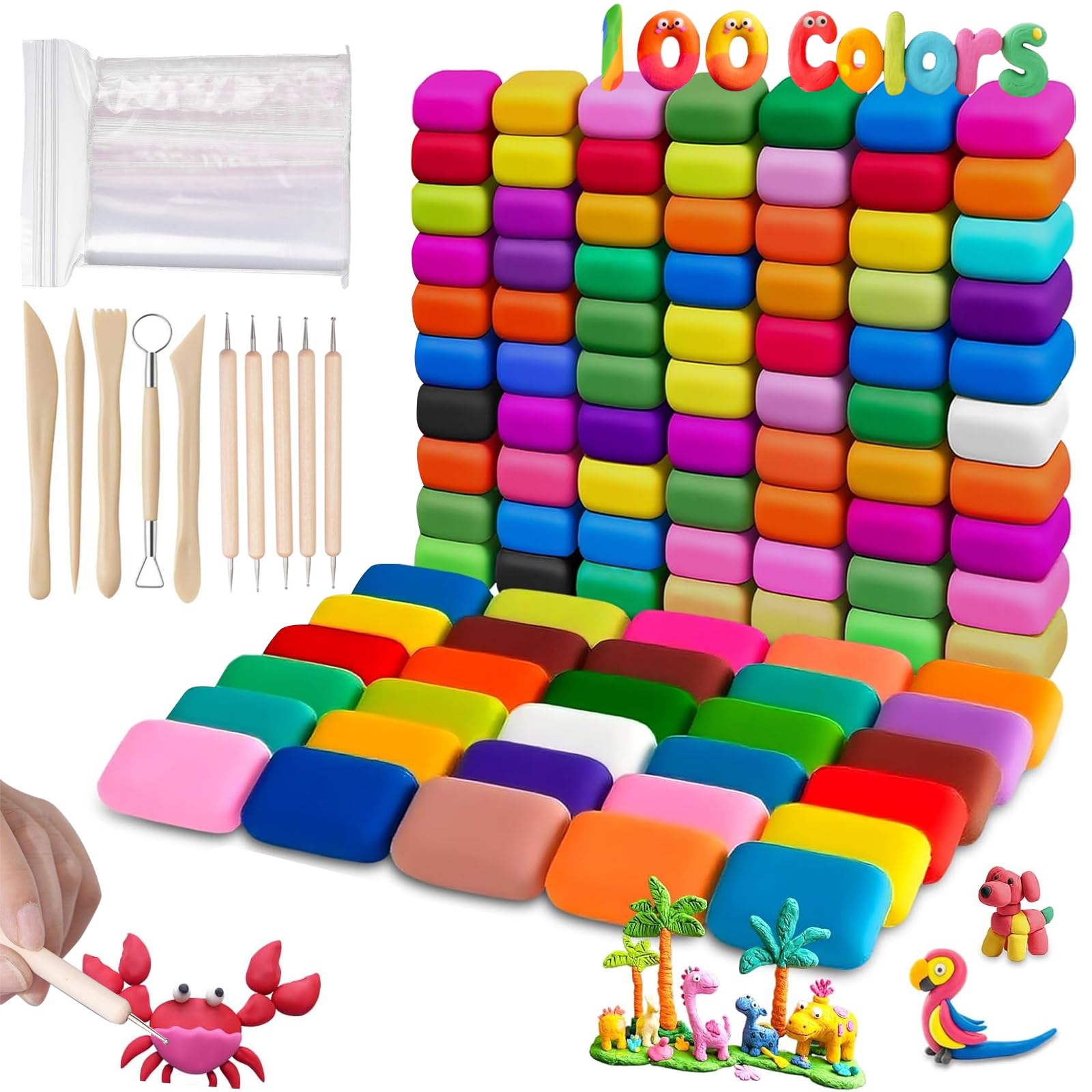 Air Dry Clay Set โ 100 Colours Ultra-Light Modelling Clay with 2 Tools & 100 Storage Bags โ Non-Toxic, Safe for Children โ Ideal for Creative DIY Projects, Crafting & Educational Fun
