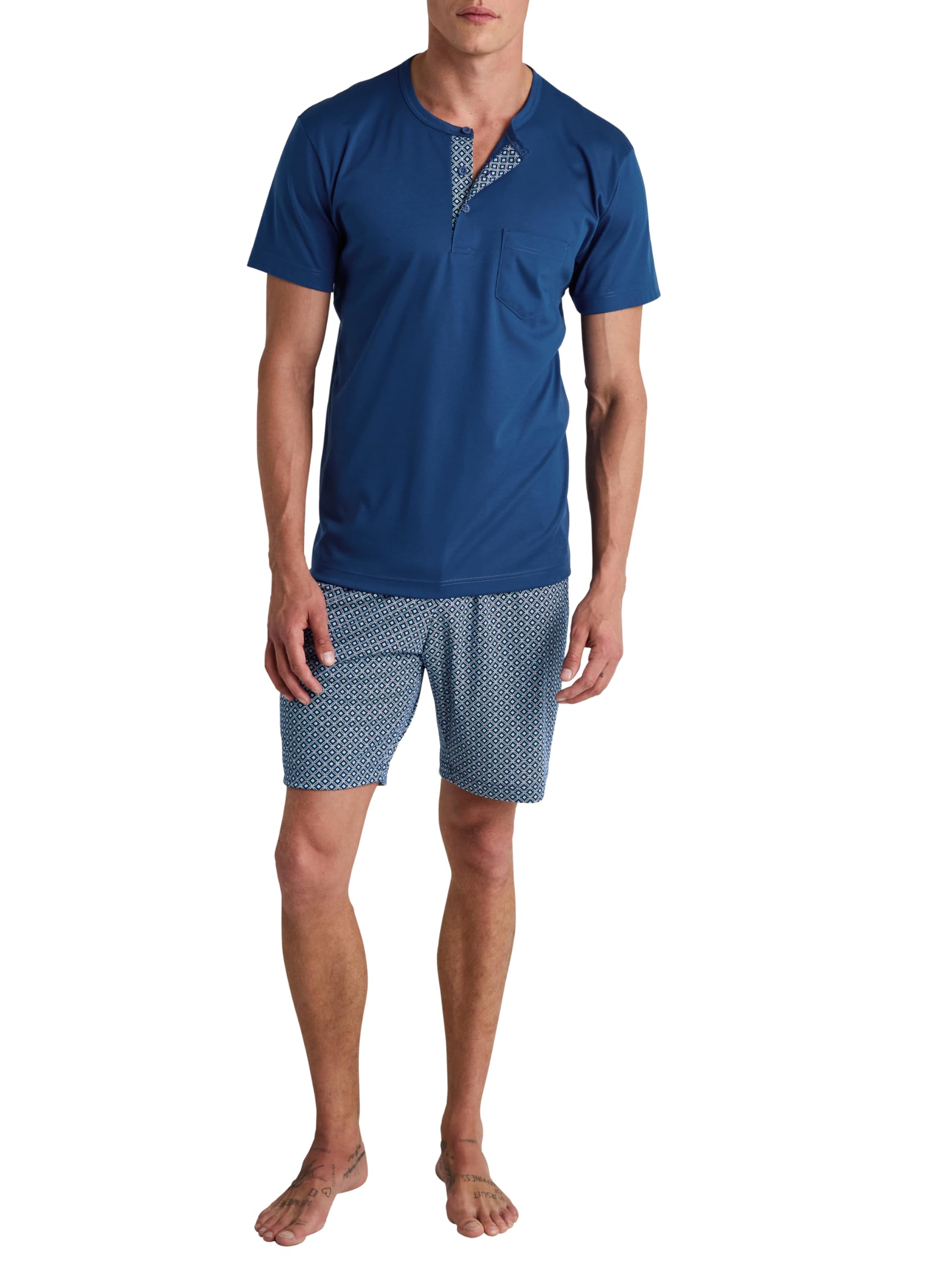 CALIDA Relax Choice Kurz-Pyjama Herren, 100% Swiss+Cotton-Baumwolle, pflegeleicht Pottery Blue 52-54