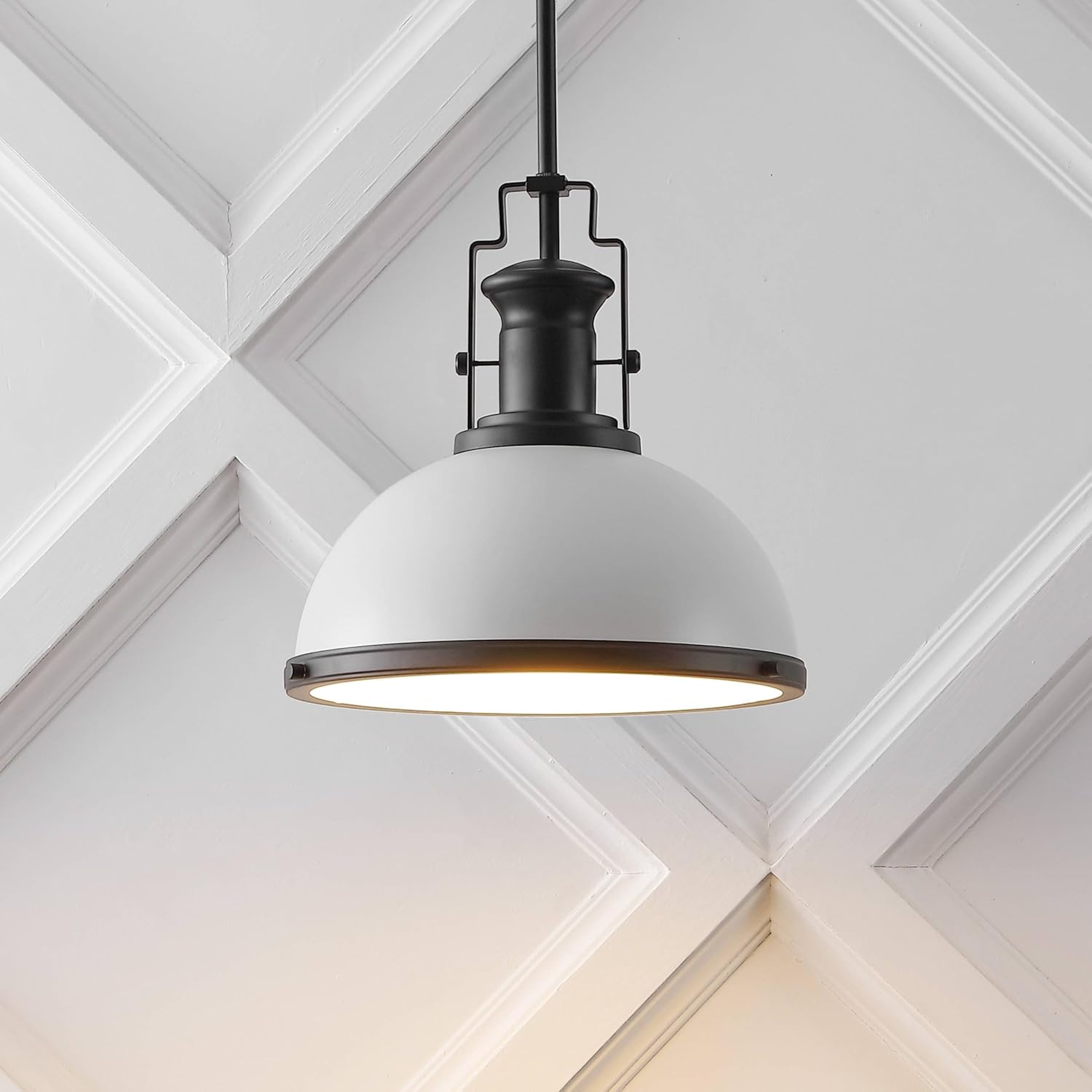 JONATHAN Y 13" Matte Black/White Modern Industrial Iron LED Dome Pendant Light, Adjustable Hanging Fixture for Kitchen Island or Entryway, White Metal Shade, LED Bulb Included (JYL9536E)
