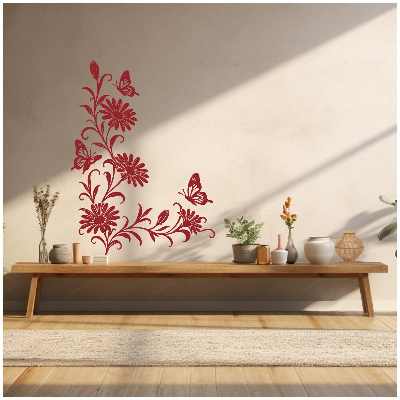 Samunshi® Wandtattoo Margeriten Blumenranken Ecke mit Schmetterlingen Elegante Blumen Wanddekoration Florales Wandmotiv für Wohnzimmer, Schlafzimmer, Flur und Küche pink 89 x 120cm