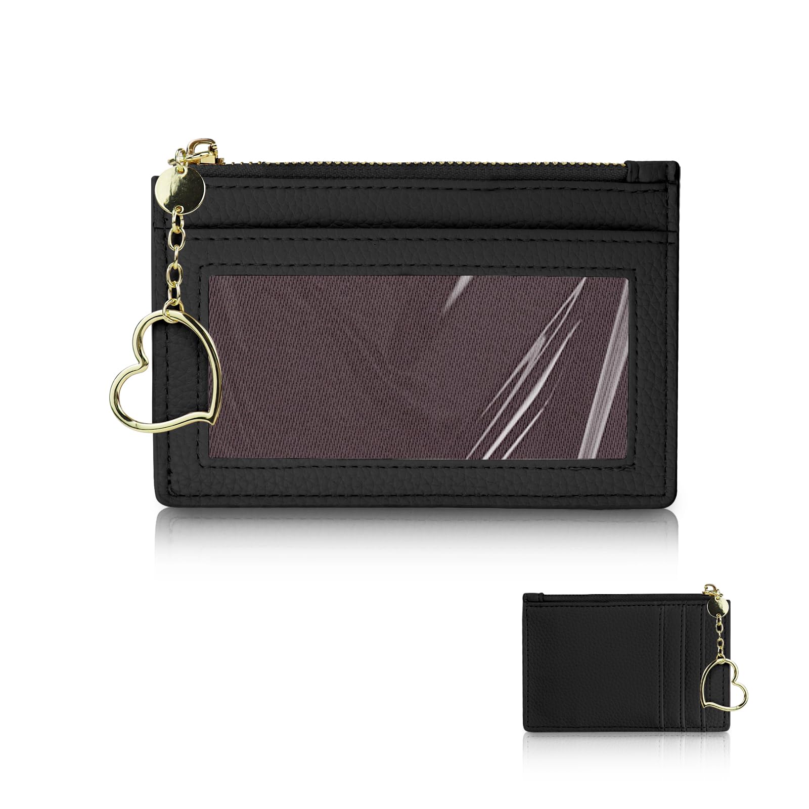 Energather Slim Minimalist Wallet for Women, PU Leather Front Pocket Card Holder Wallet with Heart Shaped Zipper, Credit Card Holder Small Wallet for