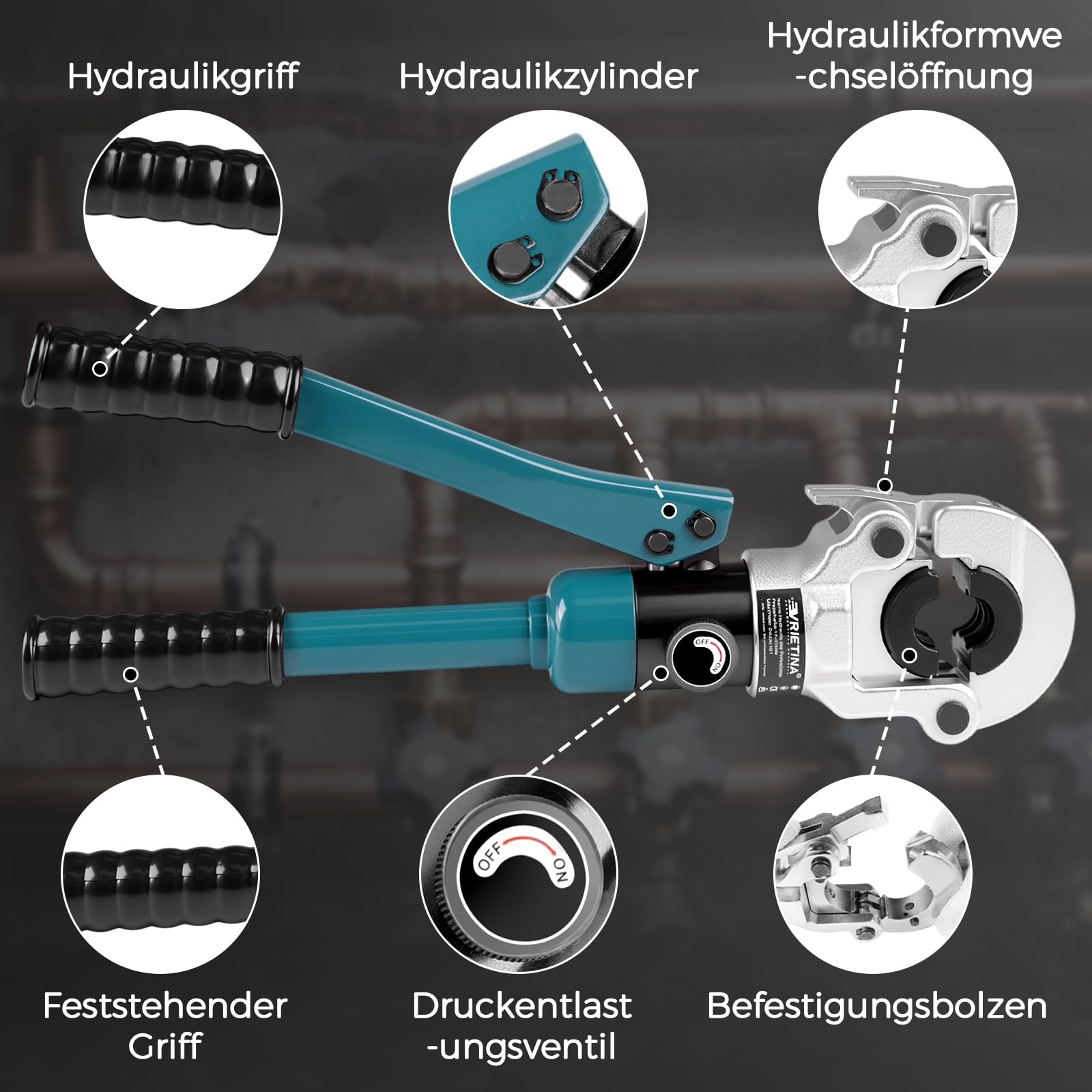 Profi Presszange Kupferrohr V-Kontur und TH-Kontur mit Rohrabschneider und Entgrater, Handpresszange Kupferrohr Presszange Verbundrohr mit V12 V15 V18 V22 V28 Und TH16 TH20 TH26 TH32, Blau