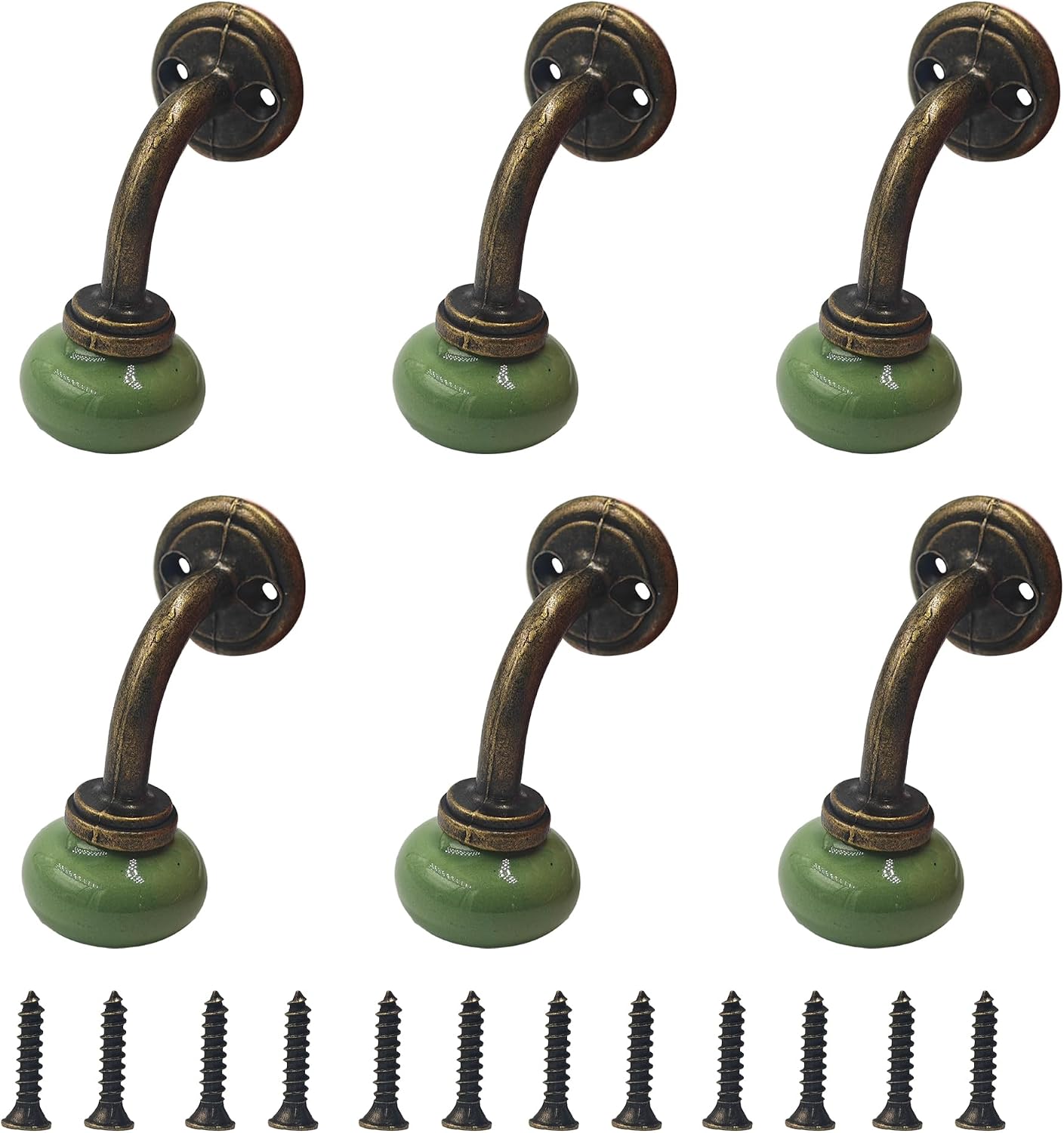 6Pcs Vintage Ceramic Wall Hooks, Wall Mounted Bronze Coat Hooks for Clothes, Keys, Bags and Home Decor(Green)