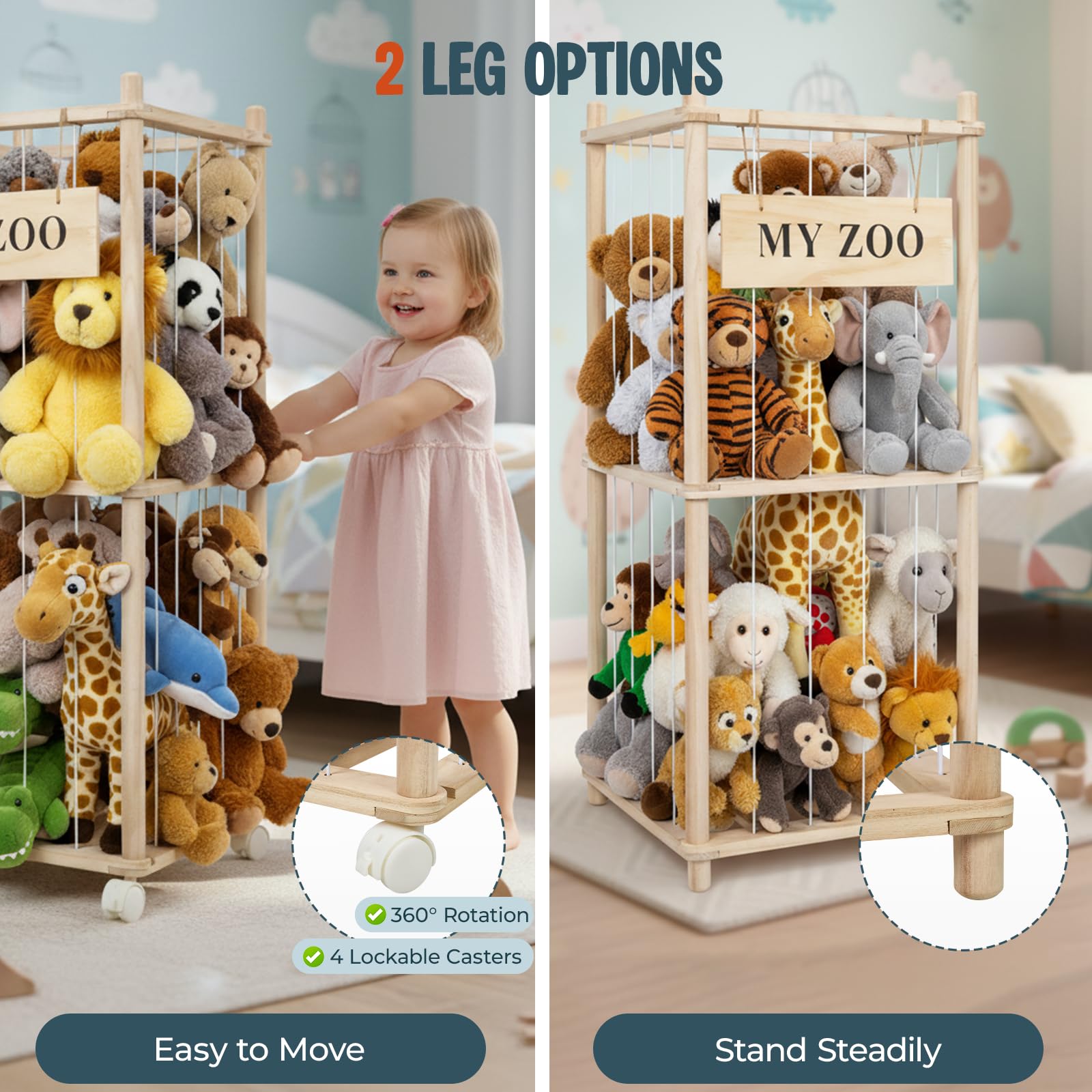 Porta Peluche Verticale a 2 Ripiani, Portapeluche con Ruote Frenate a 360°, Organizer per Animali di Peluche e Giocattoli, per Camera dei Bambini, Sala Giochi, Soggiorno, 95 x 40 x 40 cm