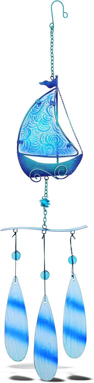 CoTa Global Blue Sailboat Hanging Sea Glass Wind Chime 27.36 Inch, Nautical Glass Windchime Outdoor Decor for a Harmonic Porch, Patio & Garden, Unique Beach Art Indoor Wind Chime Window Mobile