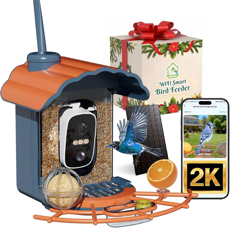 Smart Bird Feeder with 2K Camera: Wireless Wild Bird Feeder Solar Powered | AI Identify Birds Species,HD Video Live Stream,Instant Arrival Alerts,IP65,Supports TF Card,Gift for Bird Lovers-Blue