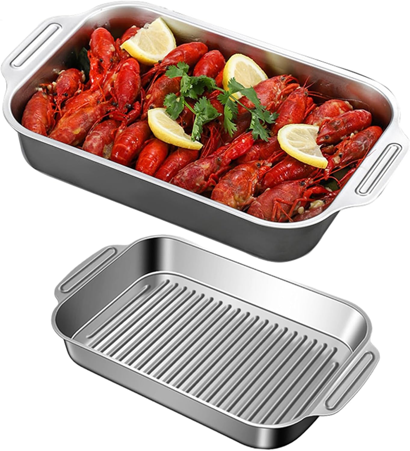 14/15.7inch Stainless Steel Rectangular Roasting/Roaster Pan with Handles and Stripe Bottom - Deep Fish Baking Trays Dessert Cake Plate Dish Serving Platter, Oven& Dishwasher Safe (36cm,Shallow)