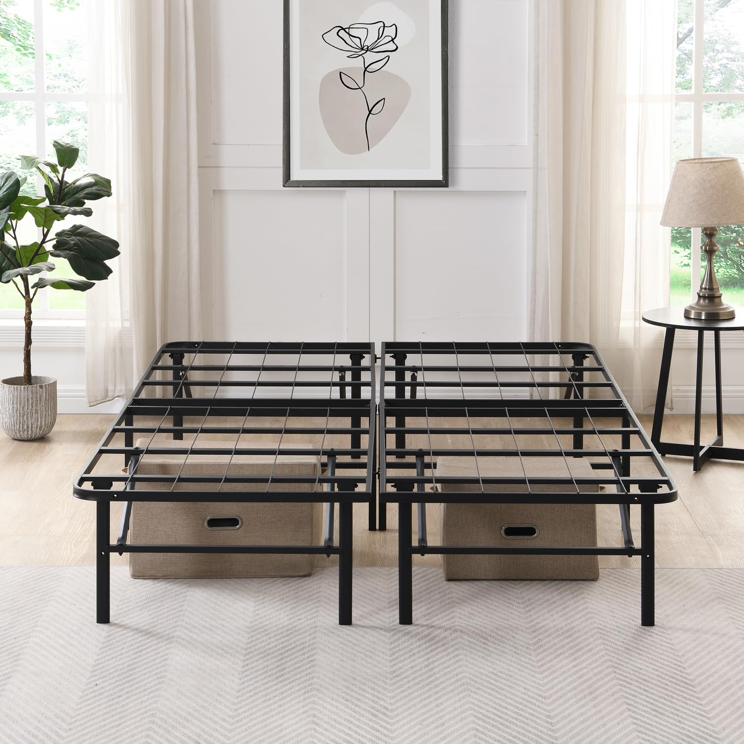 Heavy Duty Foldable King Size Bed Frame 14 Inch High Black Steel Platform Bed Frame Under-Bed Storage Metal
