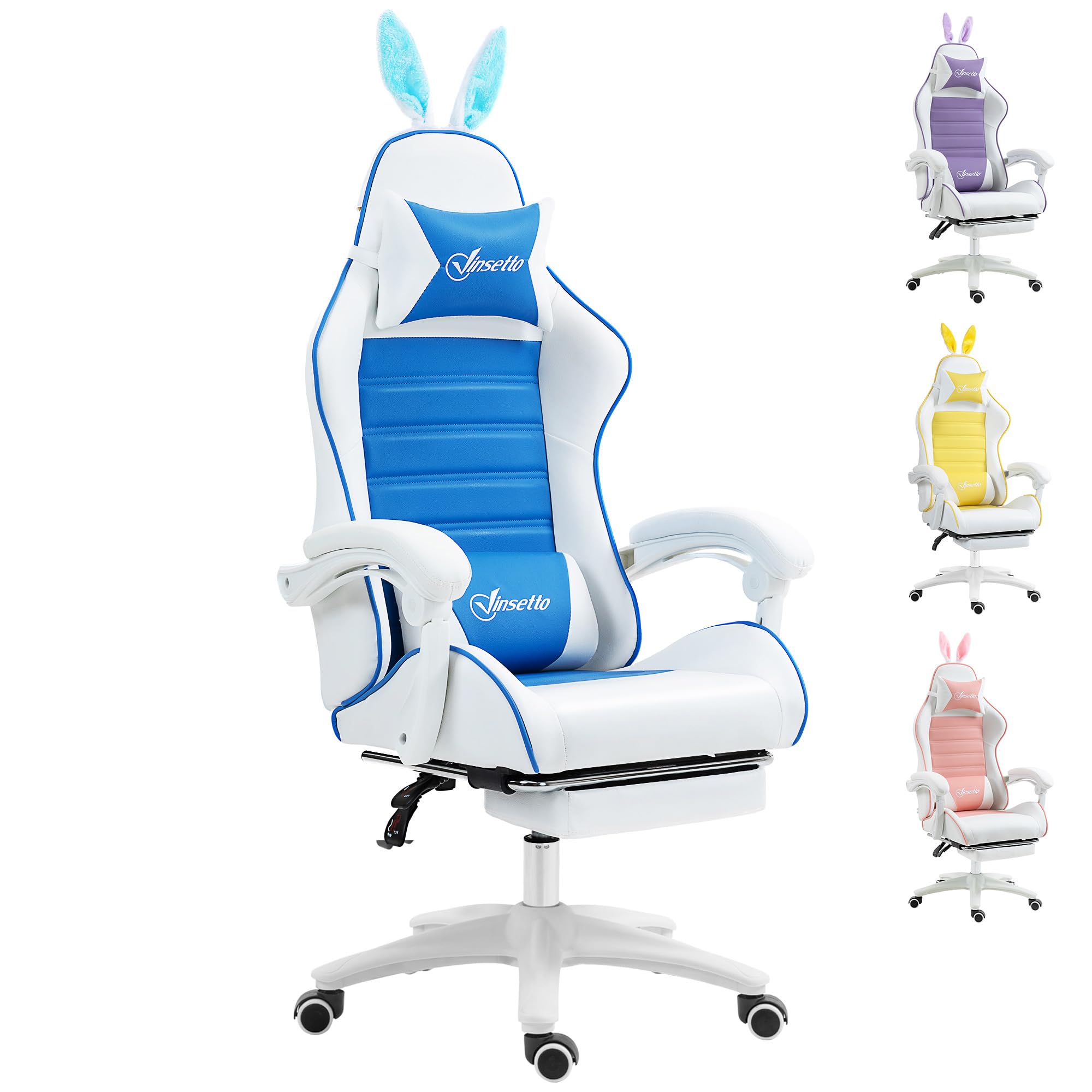 Vinsetto Sedia da Gaming reclinabile con poggiatesta e Supporto per legname, Sedia da Computer in Pelle PU con Orecchie di Coniglio Rimovibili, poggiapiedi, Blu