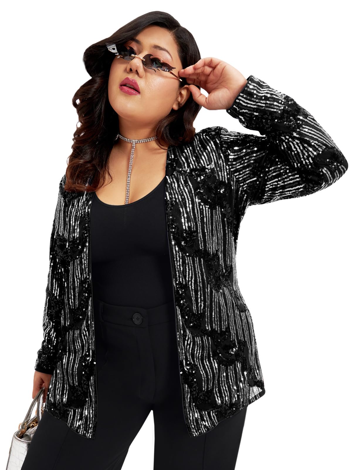 wild u Plus Size Shrug | Embellished | Sequinned | Lined | Hip Length | Itch-Free | Stylish (Black Silver, 3XL-8XL)-picture-0