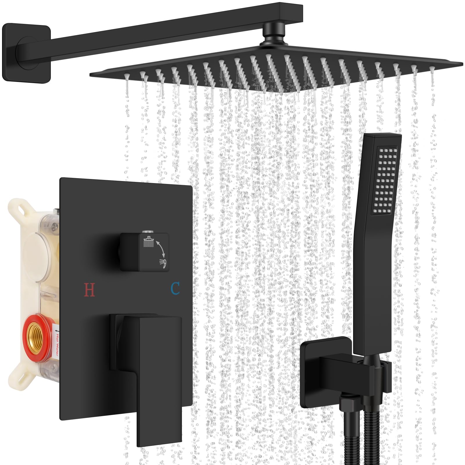 Baetuy 8 Inch Shower Faucet Set, Rainfall Shower System With High Pressure Handheld Shower Head and Square Fixed Shower Head,Spray Wall Mounted Rainfall Shower Fixtures