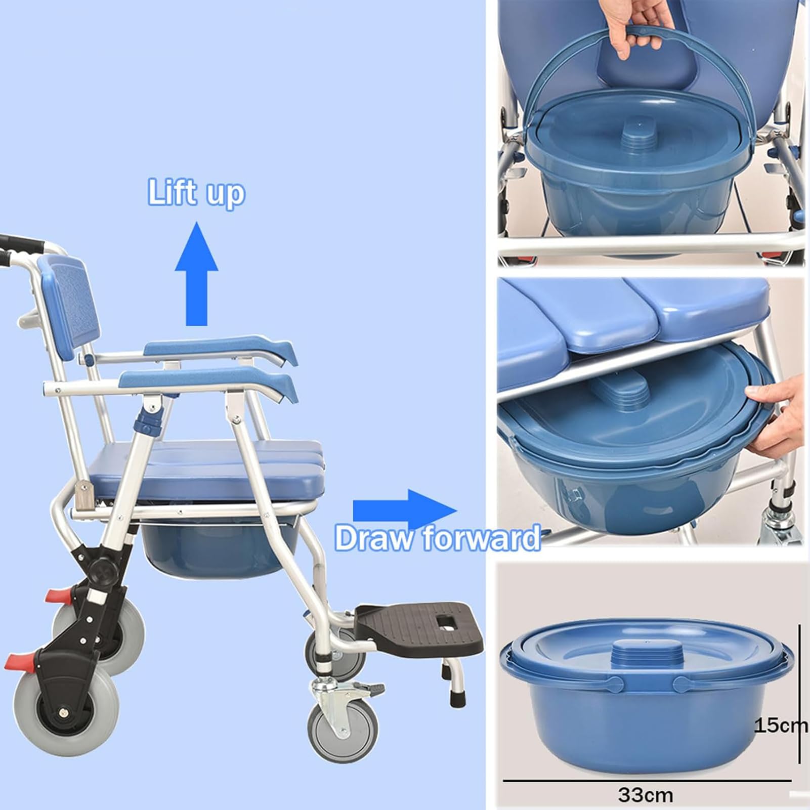 Silla de ducha para ancianos con ruedas, silla plegable con reposabrazos y reposapiés, diseño portátil, capacidad de peso de 120 kg, ideal para baño y mesita de noche
