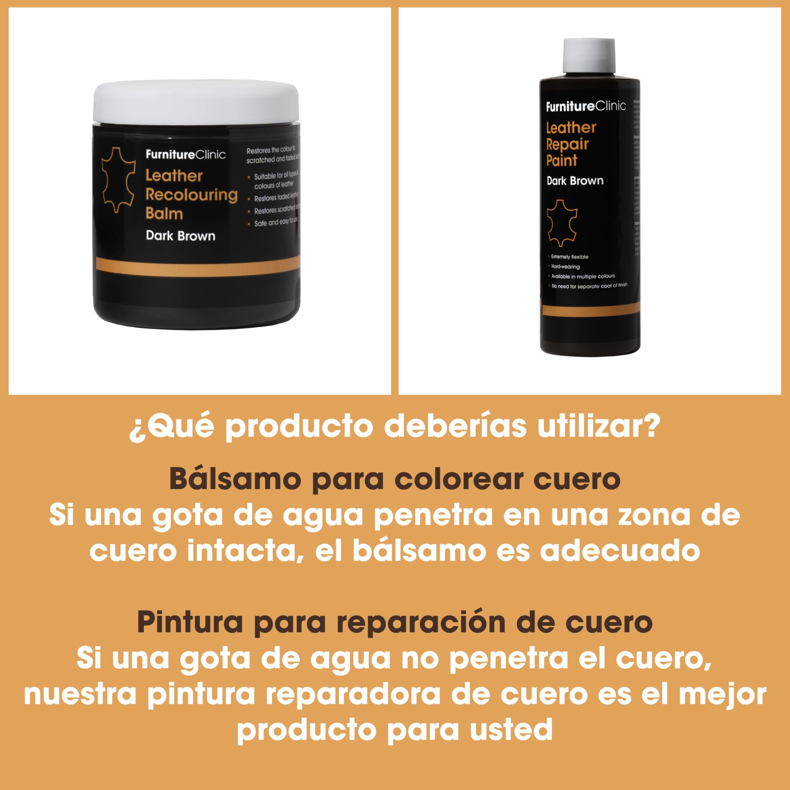 Furniture Clinic Bálsamo Recolorante para Cuero - Restaurador Color Cuero Muebles, Sofá Desgastado, Automóviles (Marrón Oscuro)
