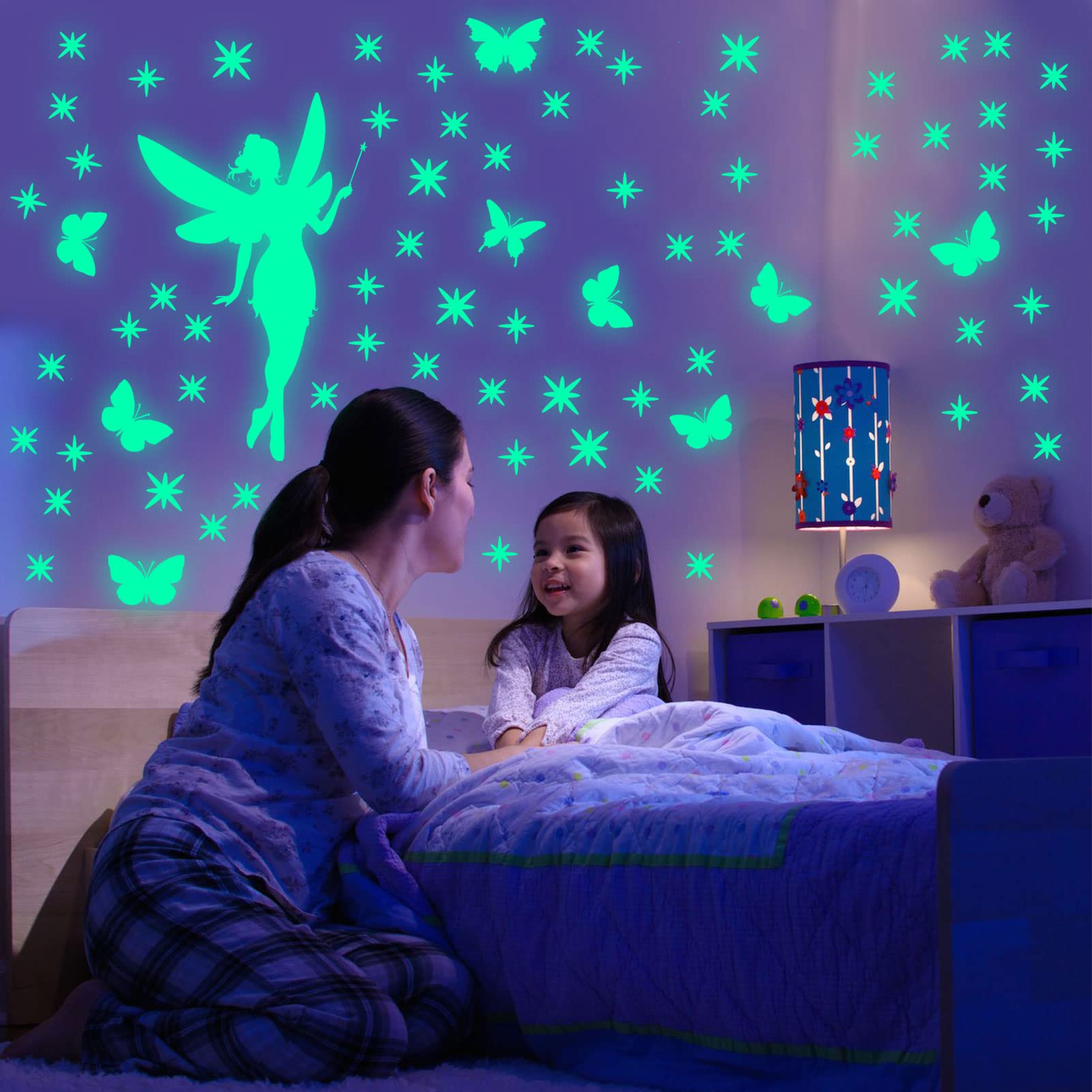 Adesivi Murali Fluorescenti Fata Farfalla Luminoso Adesivi da Parete Fata Adesivo Murale Stelles Adesive Fluorescenti Decorazioni Parete per Camera da Letto Ragazza Cameretta Verde