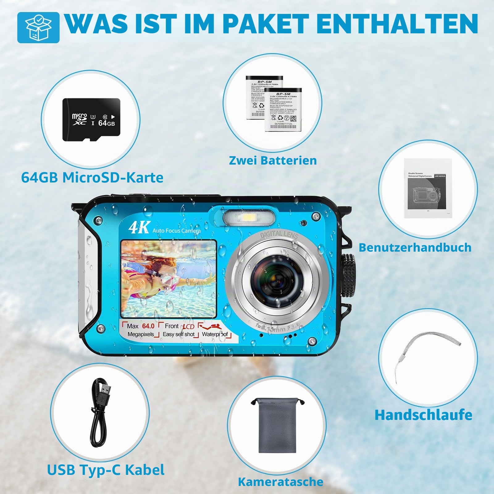 64MP Unterwasserkamera mit 64GB Speicherkarte, 4K unterwasser kamera mit Autofokus & Dual-Selfie-Bildschirmen, 5 Meter kamera wasserdicht, digitalkamera wasserdichte für Kinder & Schnorcheln (2 Akkus)