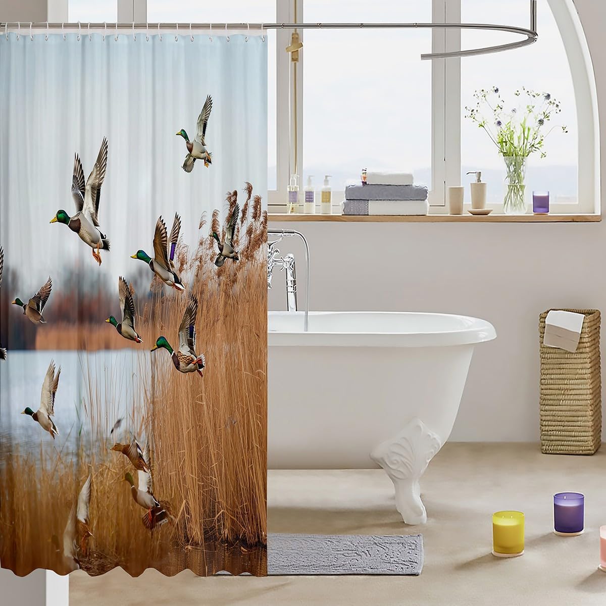 Erosebridal Mallard Duck Shower Curtain, 78"W x 72"L, Multi 08, Waterproof, Polyester, Light-filtering, Unlined, Indoor, Tailored Pleat, Standard Rod, 1 Count, Bathroom