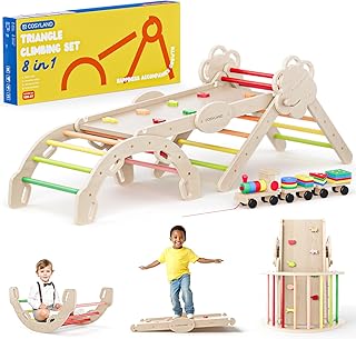 COSYLAND Triangle d’Escalade Montessori 8-en-1 - Arche Pliable en Bois pour Enfants de 1 à 6 Ans, Parcours de Motricité à Hauteur Réglable, Charge 80 kg, Boîte Cadeau Colorée (Chaud)