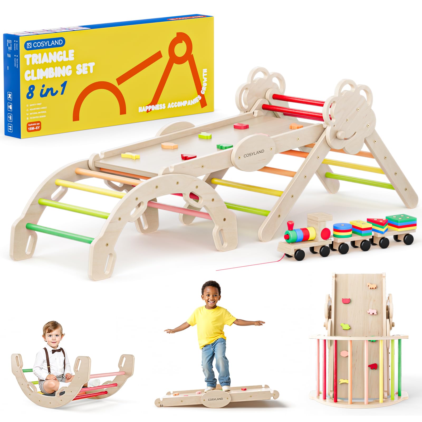 COSYLAND arrampicata per bambini 8 in 1 - triangolo di pikler regolabile a 3 livelli con scivolo, gioco treno e confezione regalo, palestra bambini pieghevole da interno, 18M-6Y, caldi