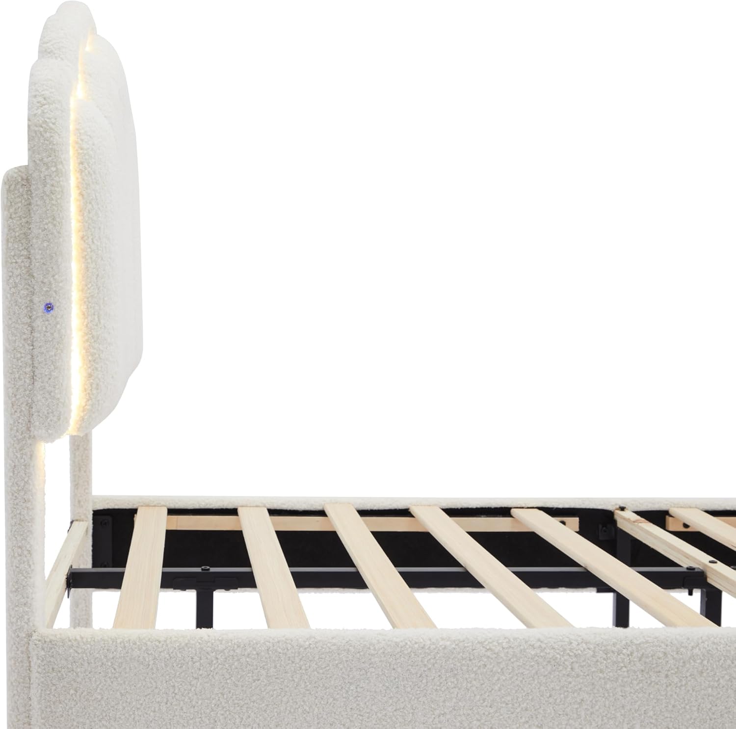 Modern Twin Size Upholstered Platform Bed with Elegant Flowers Headboard, Sherpa Fabric Smart Platform Bed with Light Strip and Wooden Slats Support for Kids Boys Girls Bedroom (White-55k)