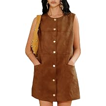 Bozanly Womens Vintage Suede Mini Pinafore Dress Crew Neck Button Down Fall Overall Dresses Trendy Outfits