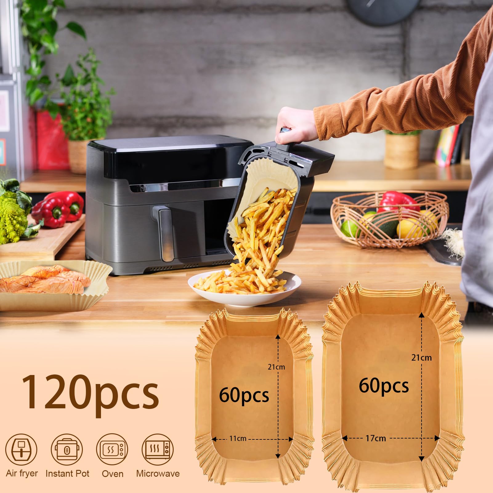 140Pcs Papier Cuisson Air Fryer Pour Philips Dual Basket Airfryer Série 3000, Moule Air Fryer Pour Moulinex EZ901820 5,2L/3,1 L, Tefal EY9018 Dual Easy Fry 5,2/3,1 L (70pcs + 70pcs