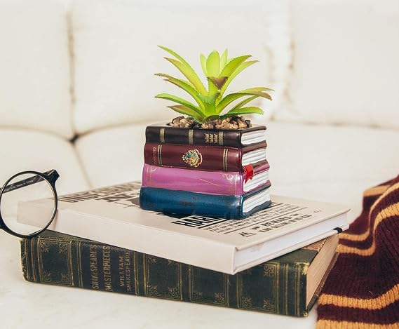 Harry Potter Book Stack 3-Inch Ceramic Planter with Artificial Succulent | Small Flower Pot, Faux Indoor Plant for Desk Shelf, Trinket Tray | Cute Home Decor, Wizarding World Gifts and Collectibles
