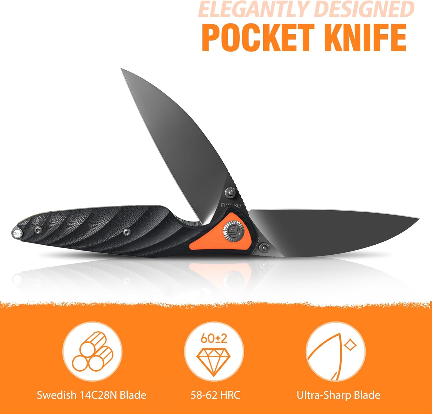 FINTISO Pocket Knife 3.15" Folding Knife Premium 14C28N Blade, Black and Orange G10 Handle Bicolour Design with Liner Lock Pocket Clip for Men Women, Small EDC Knife for Camping, Hunting, Hiking, Survival and Outdoor Activities, Toucans Series