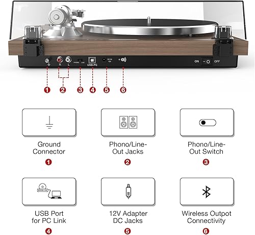 Miniatura 3 de Tocadiscos con conectividad de salida inalámbrica Reproductor de vinilo Soporte de transmisión por correa 33 45 RPM Velocidad Phono Line USB