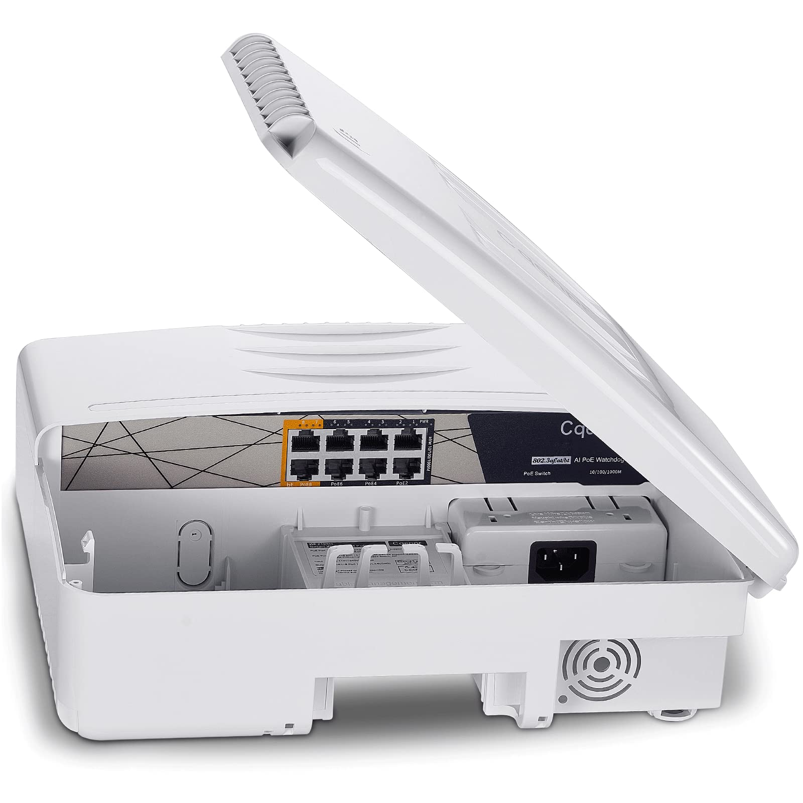 Cqenpr Outdoor 8 Port Full Gigabit PoE Switch, IEEE802.3af/at/bt, All-in-One Box, , High Power Output, Total 120W, Play & Plug, Fan Unmanaged, AI