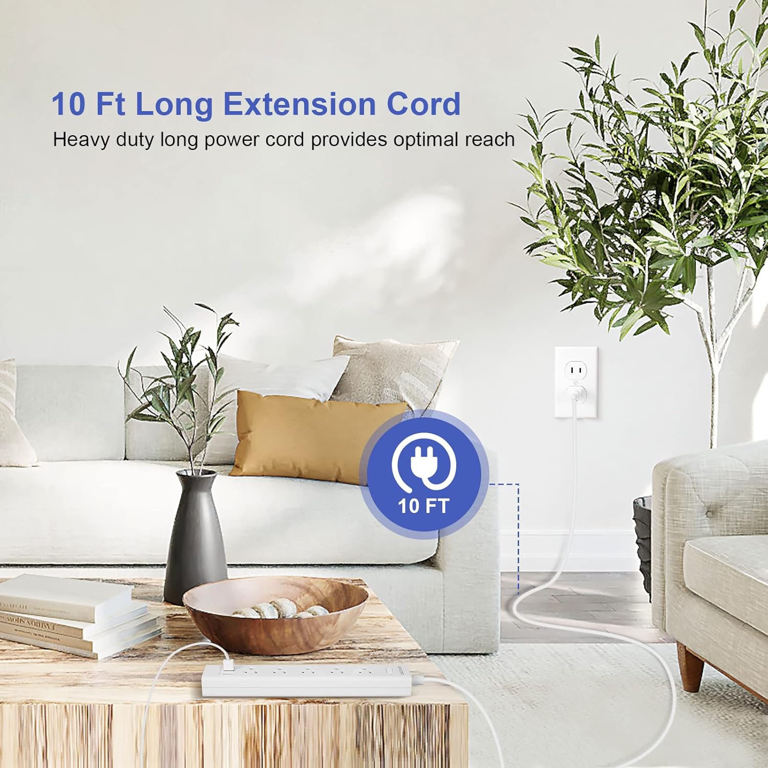 2 Prong Power Strip, 10FT Long Extension Cord Surge Protector, 5 Outlets and 3 USB, 13A/1625W, Polarized Two Prong to Three Prong Outlet Adapter Converter, Wall Mount, White