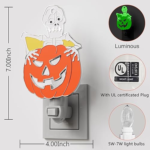 Miniatura 4 de KUNDGLA Halloween Skull Pumpkin Luminous Night Lights Plug into Wall, Fluorescence Metal Bright Plug in Nightlight, Halloween Christmas Valentine