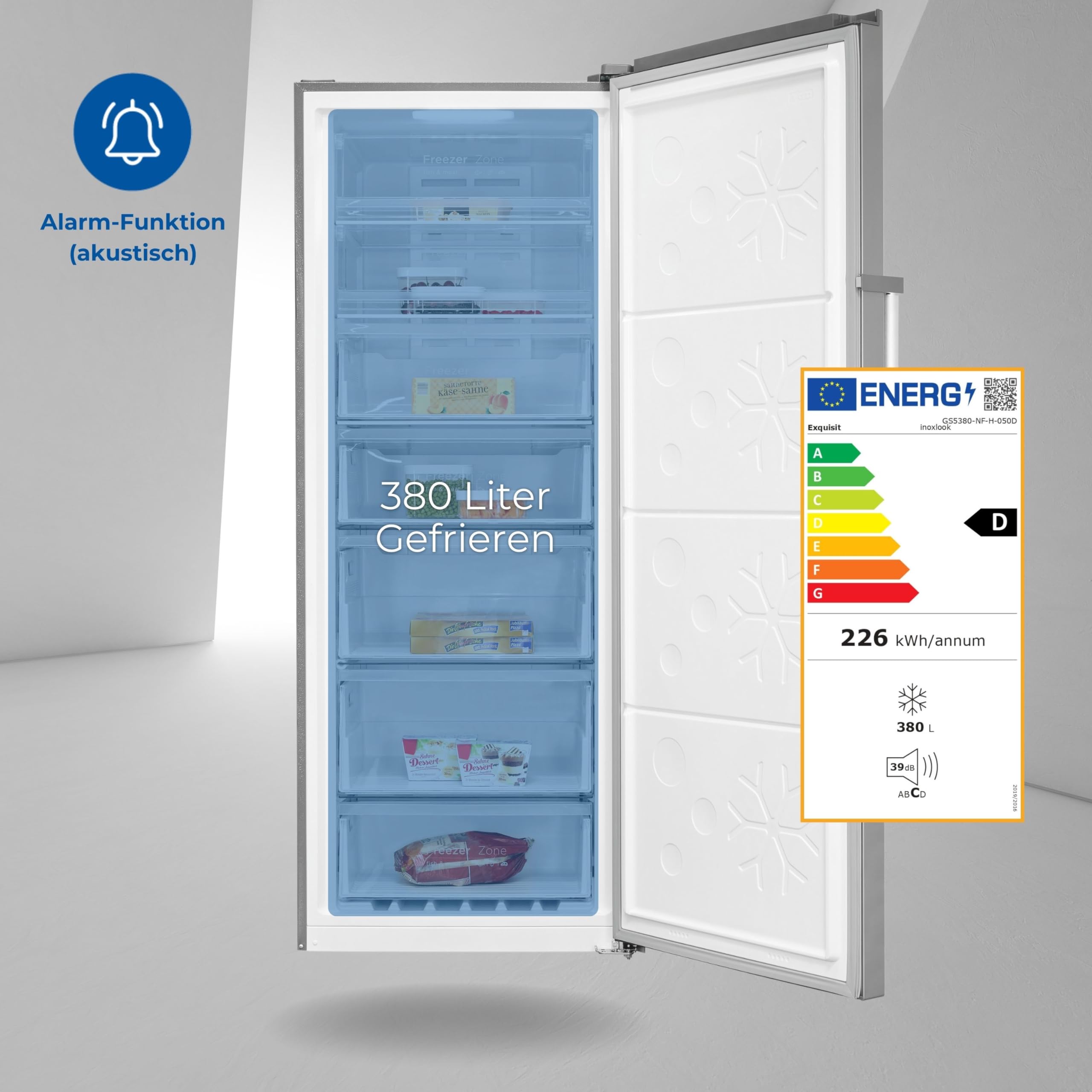 Exquisit Gefrierschrank GS380-NF-H-050D Inoxlook - 380 L No Frost | Großer Gefrierschrank mit LED-Beleuchtung - 4 Sterne Gefrierleistung - 39 dB - Tür-Alarm - Energieeffizienzklasse D