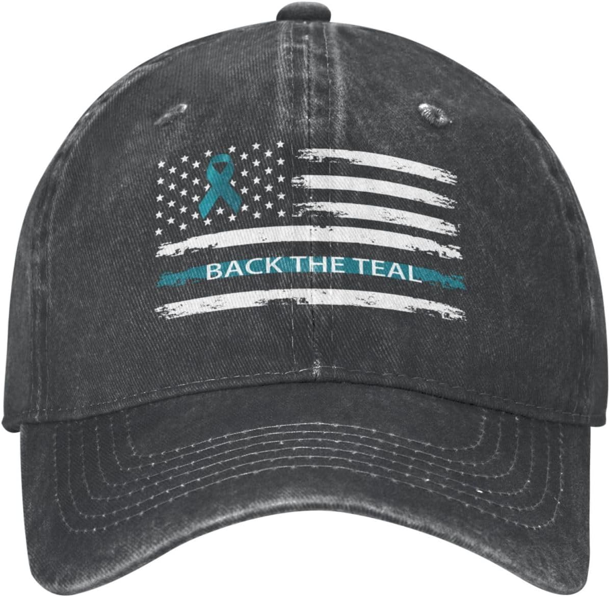 Back The Teal Ribbon USA Flag Ovarian Cancer Awareness Distressed Denim Ball Cap Retro Cool for Every Occasion
