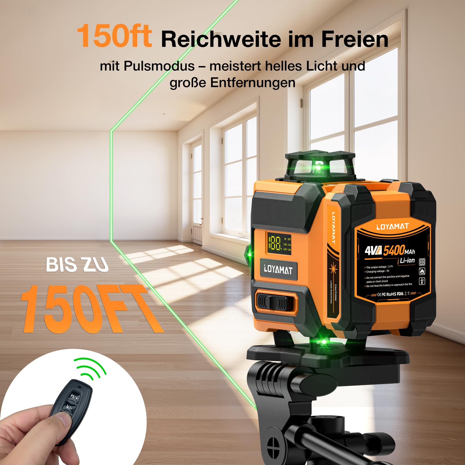 16-Linien grüner Kreuzlinienlaser, Laser-Wasserwaage mit Stativ – 4×360° selbstnivellierender Laser Grünkreuzlaser für Bauarbeiten, Fliesenlegen, Holzarbeiten – Fernbedienung, 2×5400 mAh Akkus & IP54