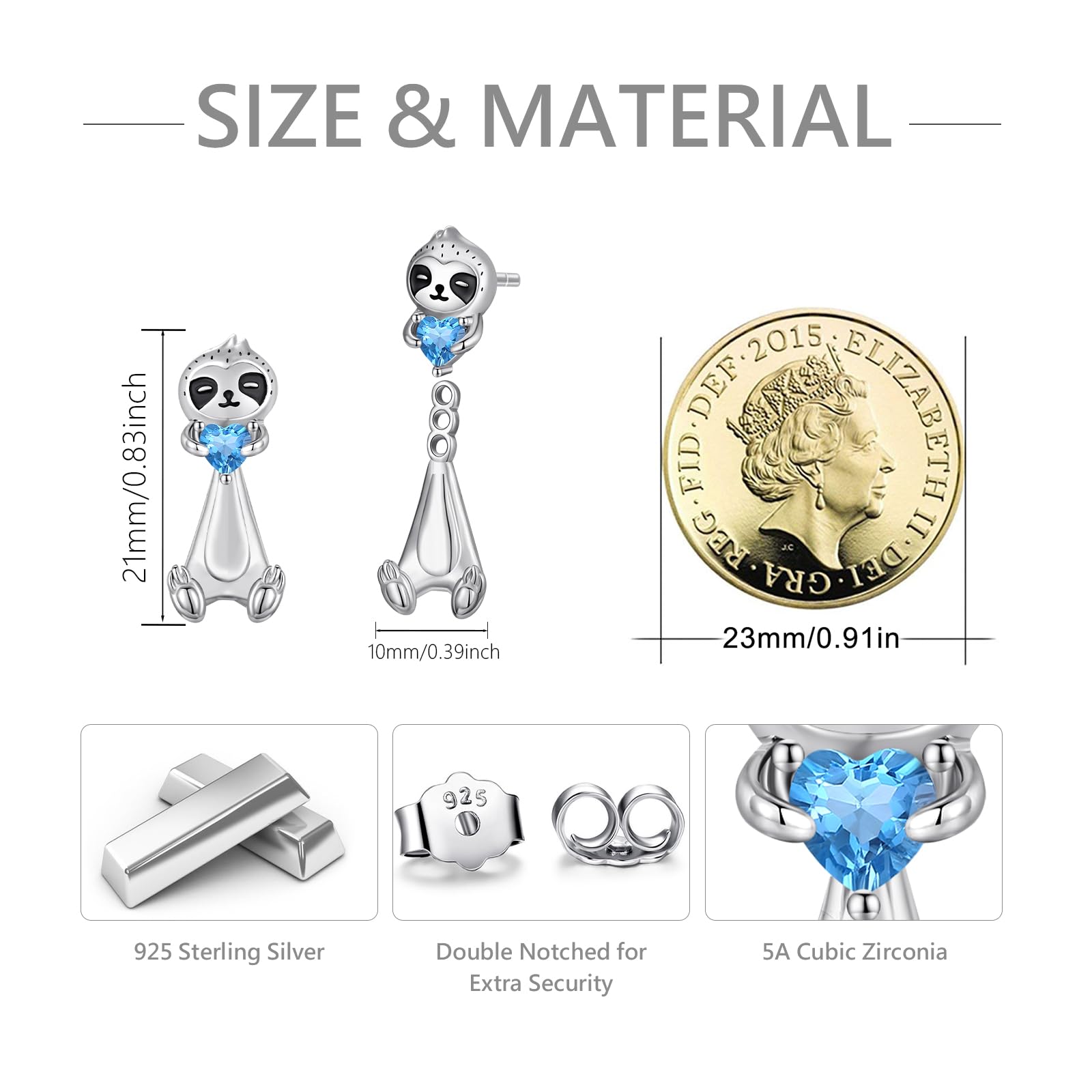 REDSUN Orecchini a bradipo da donna e ragazza, in argento Sterling 925, graziosi orecchini a perno con zirconi blu, design due in uno, ipoallergenici, idea regalo per figlia, fidanzata, bambini