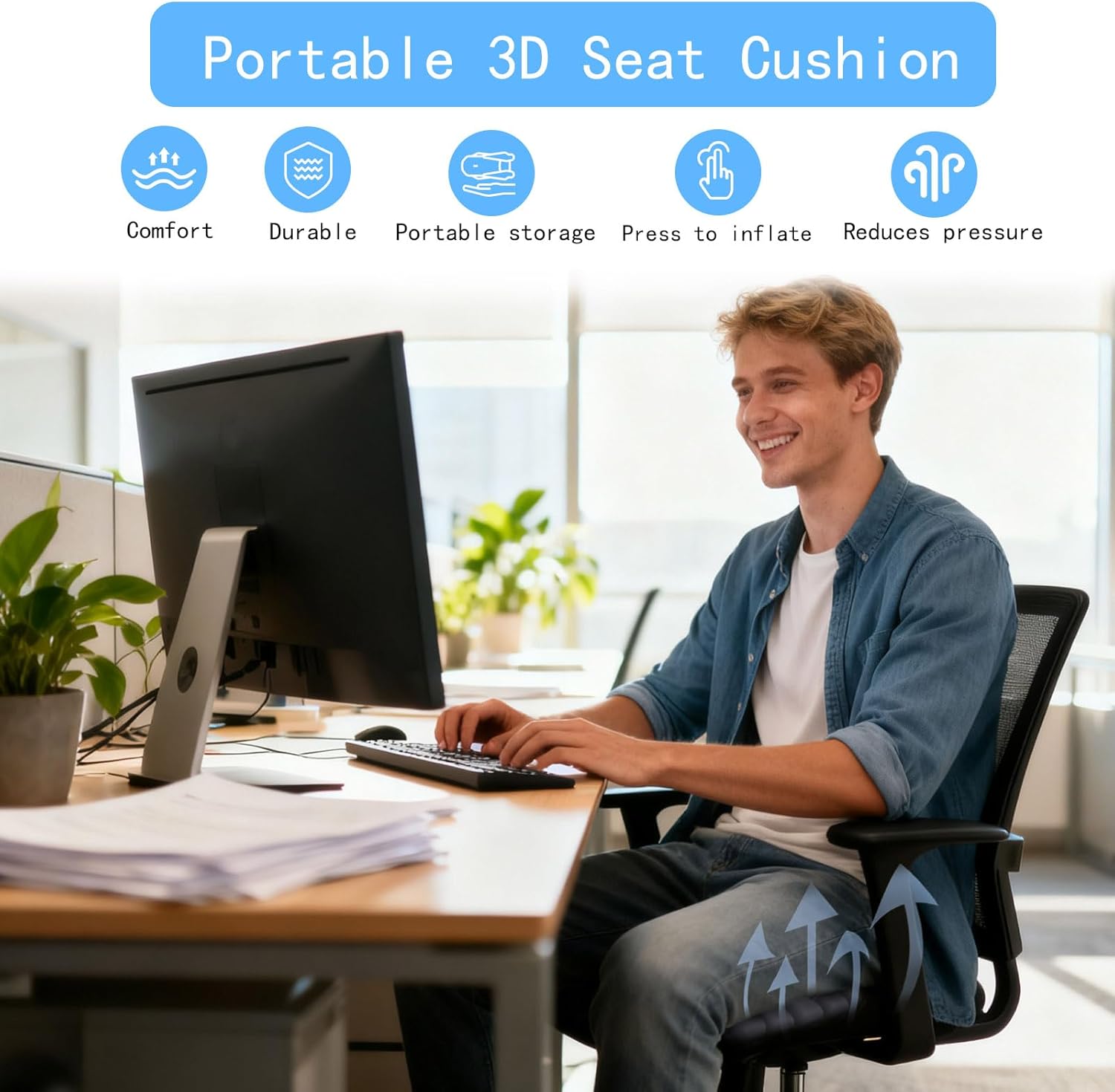 Portable Travel Airplane Seat Cushion, 3D Air Cell Tech with Built-in Pump, Adjustable Firmness Back & Tailbone Support, Ideal for Long Flights, Office, Car, Wheelchair,Great for Soccer Watching