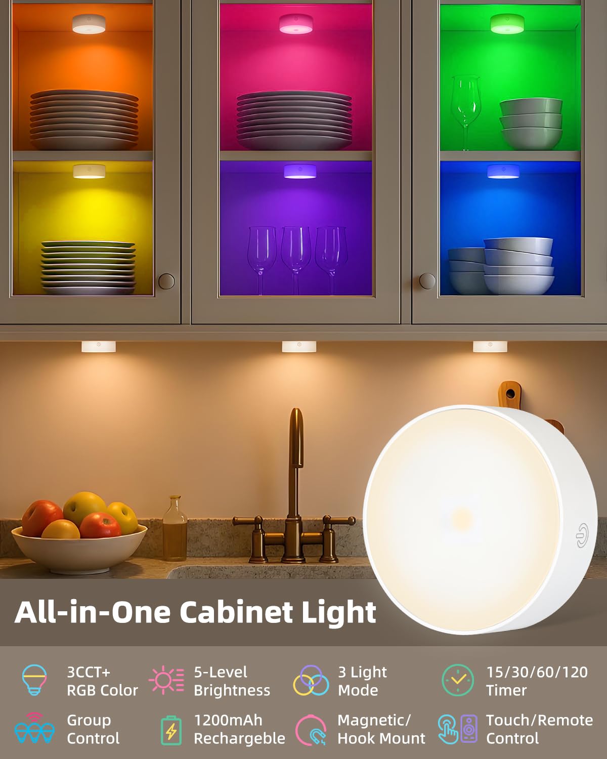 Motion Sensor Light Rechargeable Puck Lights with Remote, LED Under Cabinet Lighting, 19 Color Tap Lights with Timer & Group Control, 1200mAh Battery Operated, for Kitchen, Closet, Stairs, 6 Pack