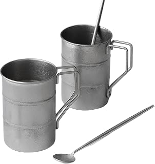 2Sets Vintage Lightweight Stainless Steel Camping Mugs 13oz/370ml With Spoon–Portable Coffee Tea Beer Cups For Hiking Backpacking Travel Outdoor Adventures