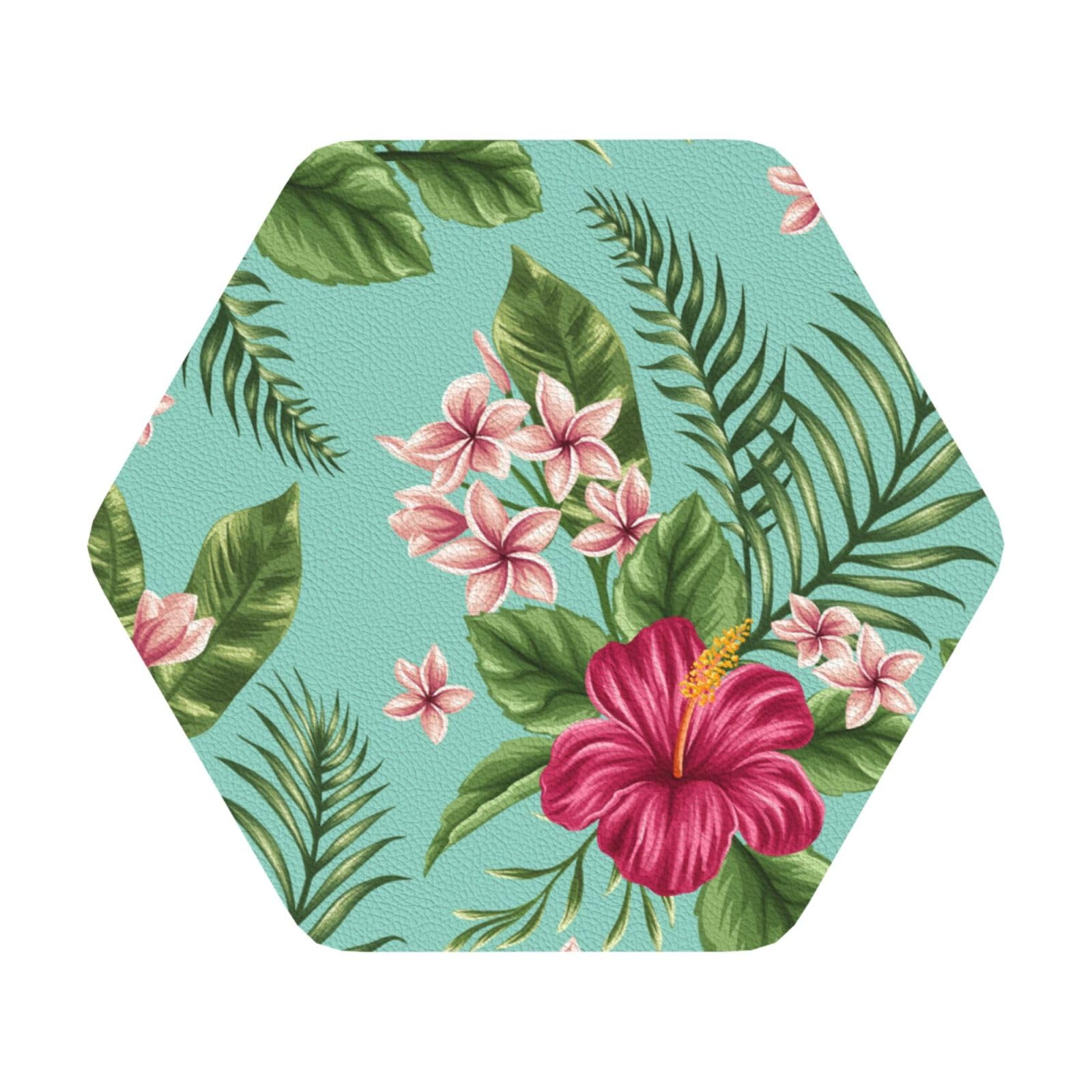 Hawaiian Tropical Leaves Flowers PU Leather Coasters Set of 6 Hexagon Drink Coasters