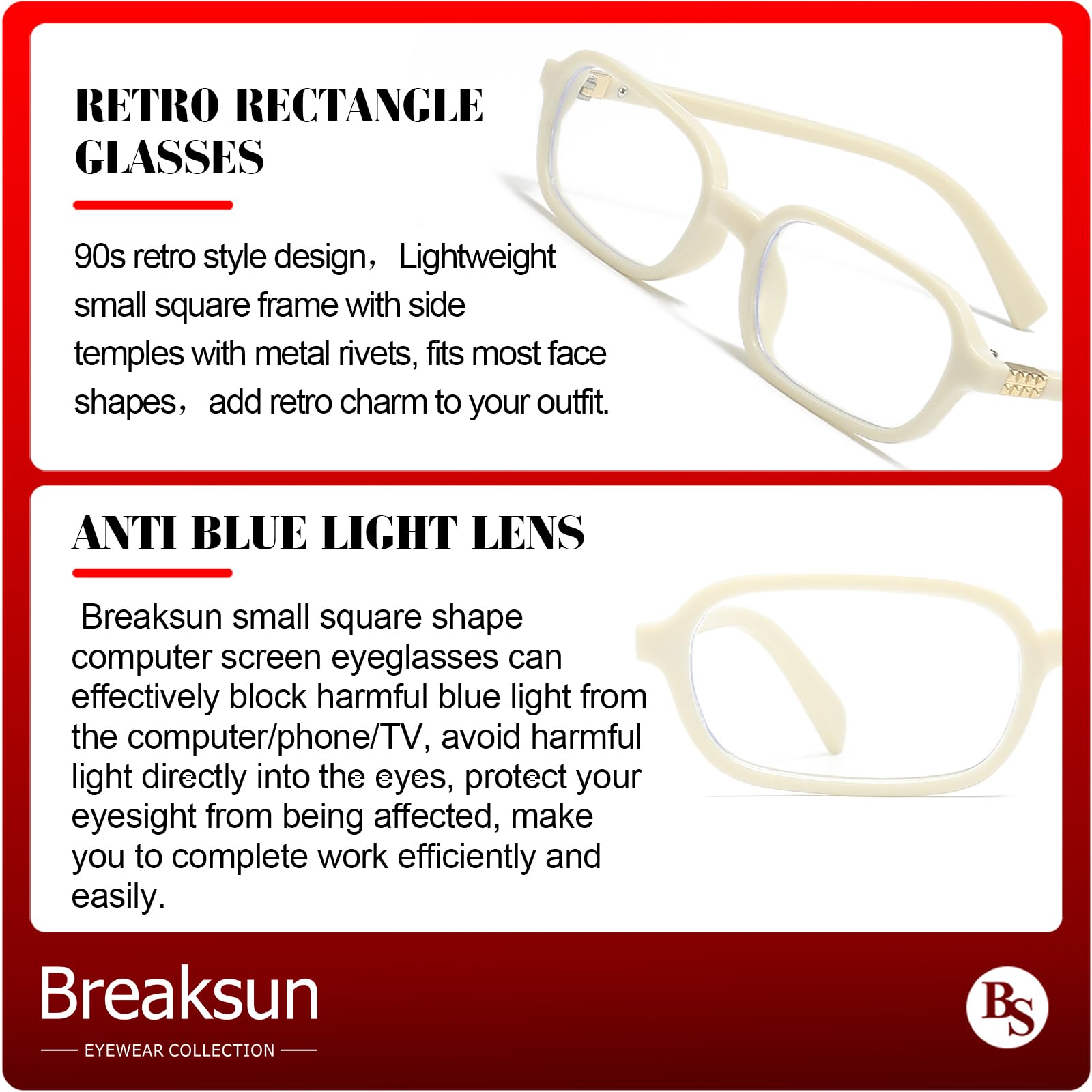 Breaksun Retro-Brille für Damen und Herren, rechteckig, blaues Licht, klassisches Glas