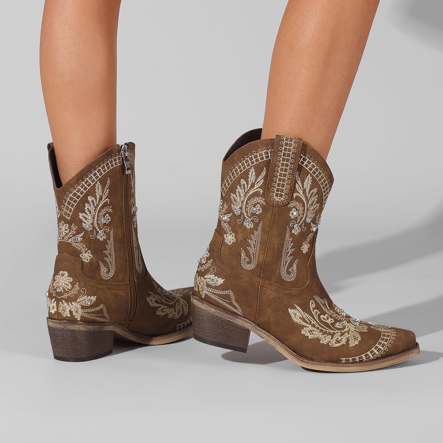 Rhinestone Ankle Cowboy Boots for Women Embroidered Short Cowgirl Boots with Low Heel Side Zipper Comfortable Chunky Heel Western Booties for Prom Party Wedding Pull On Shoes - Image 3