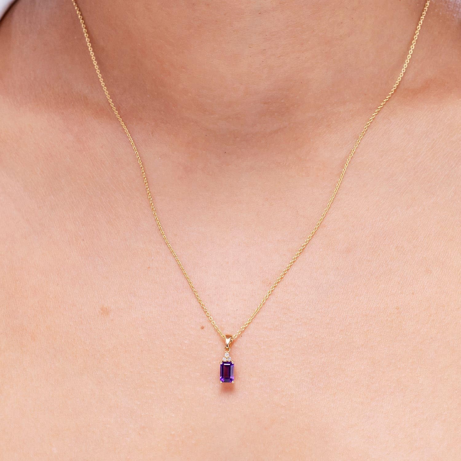 Angara Emerald-Cut Amethyst Necklace with Diamond Trio in Sterling Silver/14K Solid Gold/Platinum | Natural Amethyst Solitaire Pendant for Women | February Birthday, Purple Gemstone Jewelry Gift